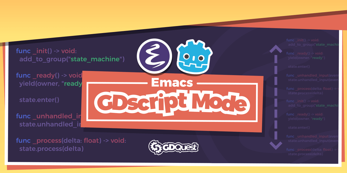 banner showing the "GDScript mode" title with GDScript code in the
background